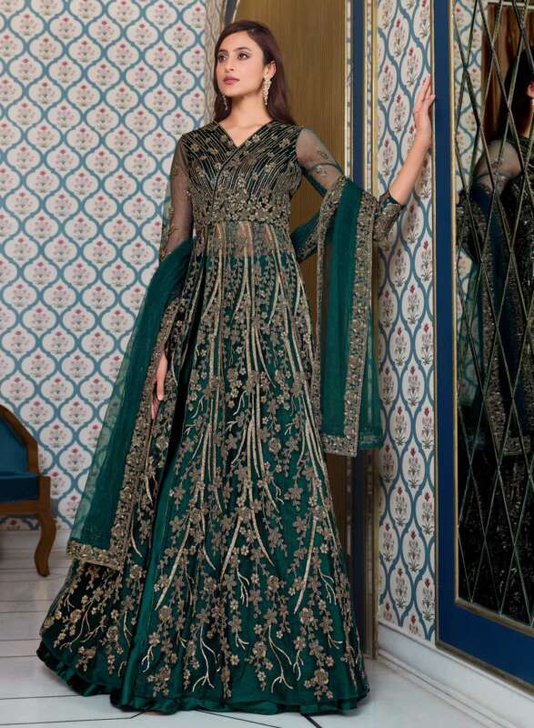 Floor Touch Anarkali Suits Gown In Dark Green-16843 | Omzara