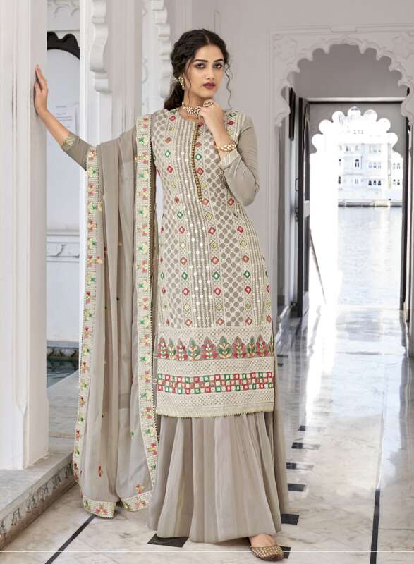 Grey Heavy Embroidered Pakistani Palazzo Suits Online-1335 | Omzara