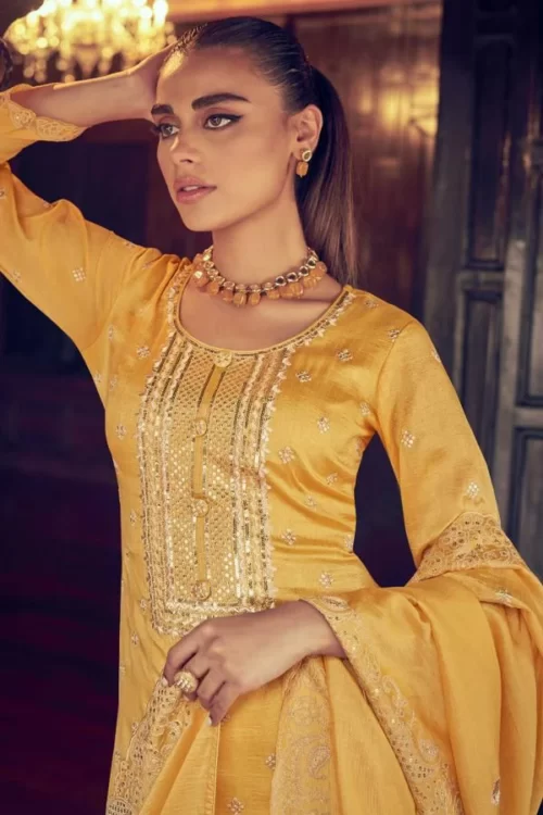 yellow Premium Silk Embroidered Partywear Suit online in USA UK Canada India UAE